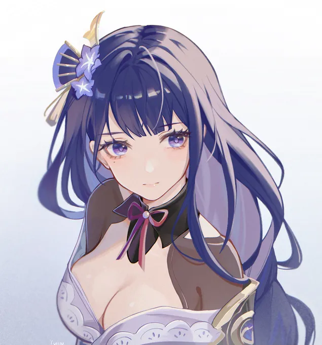 Аниме девојка Рајден Шогун убави сини очи | Влијание на Ганшин 2K тапет