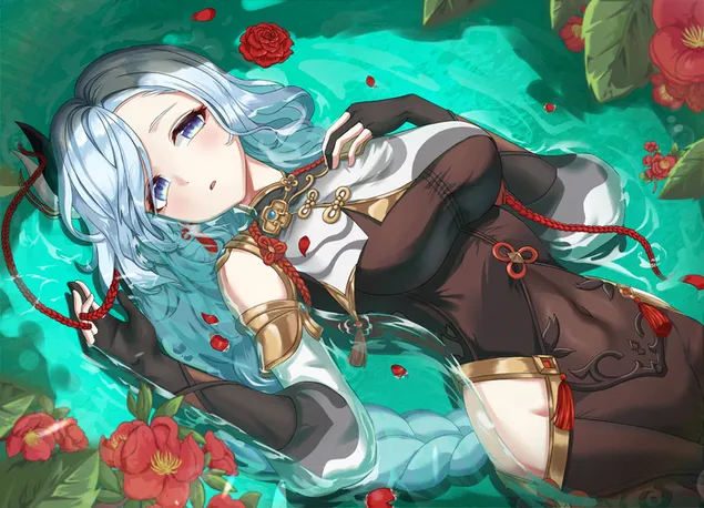 Аниме девојката Шенхе лежи на вода | Genshin Impact 4K тапет