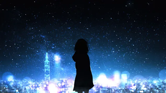 Chica anime silueta noche 4K fondo de pantalla