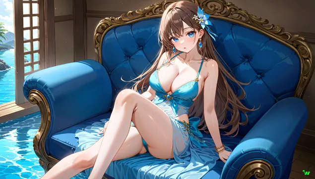 فتاة أنمي تجلس على الأريكة 2K خلفية