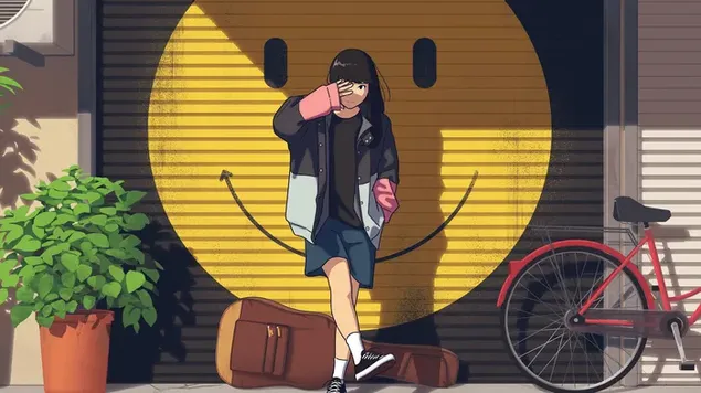 Anime pige smiley baggrund 4K baggrundsbillede