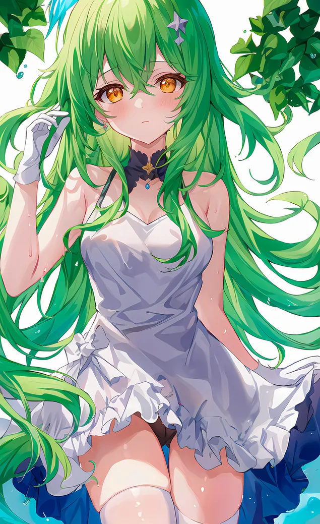 anime meisie sukrose groen hare en mooi goue oe | ganshin impak aflaai