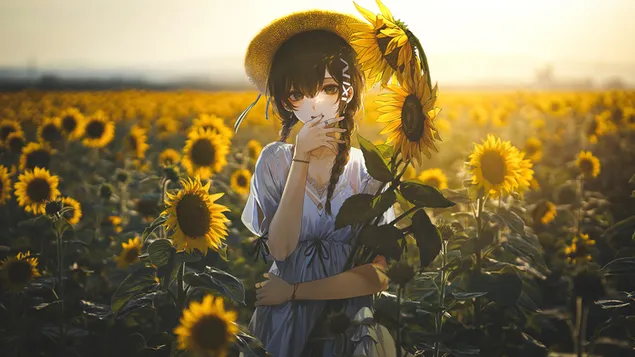 Hình nền Cánh đồng hoa hướng dương cô gái trong anime 4K