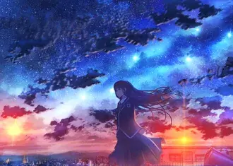 Anime dekle sončni zahod in nebo 2K ozadje