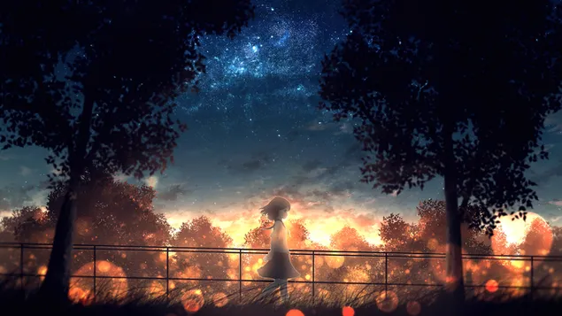 Arte del paisaje de la puesta del sol de la muchacha del animado 4K fondo de pantalla
