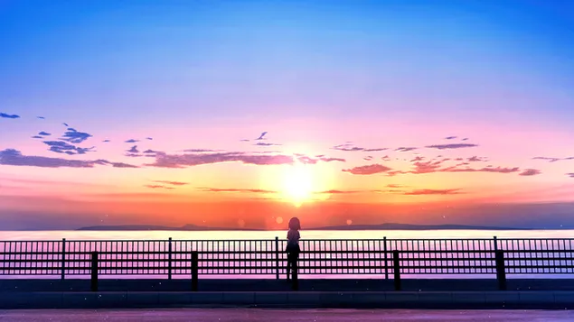 paisaje de puesta de sol de chica anime 4K fondo de pantalla