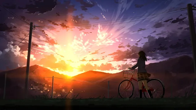 Anime Girl Atardecer Cielo Paisaje 4K fondo de pantalla