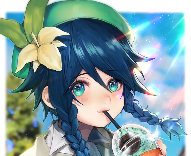 Аниме девојка Венти забавља се хладном пићем | Генсхин Импацт HD позадина