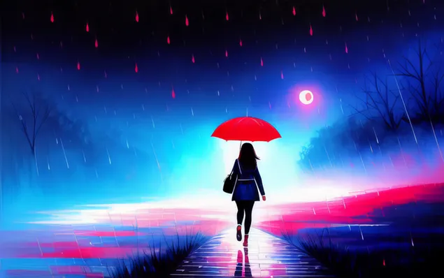 Anime girl walking in the rain with a red umbrella