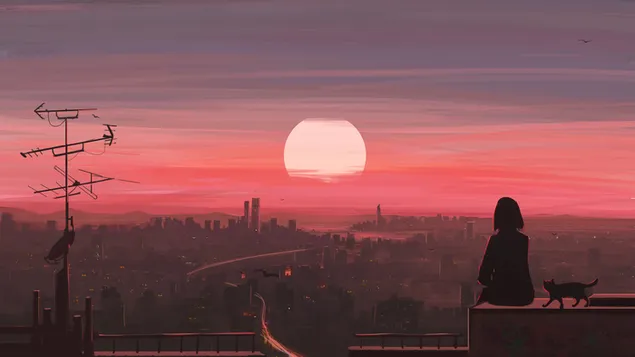 夕日と彼女のかわいい猫を見ているアニメの女の子 HD 壁紙