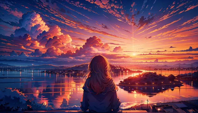 Anime girl watching the sunset view download