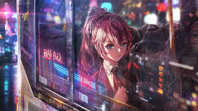 Anime-Mädchen mit schönem Haar, schönen blauen Augen schaut vor dem Busfenster zu 4K Hintergrundbild