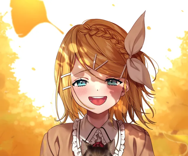 สาวอนิเมะผมสีน้ำตาล ตาสีเขียว ผมแฟนซี หน้าสีบลอนด์เข้มและพื้นหลังสีขาว HD วอลเปเปอร์