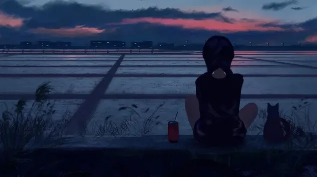 Anime djevojka s mačkom gleda zalazak sunca 4K pozadina