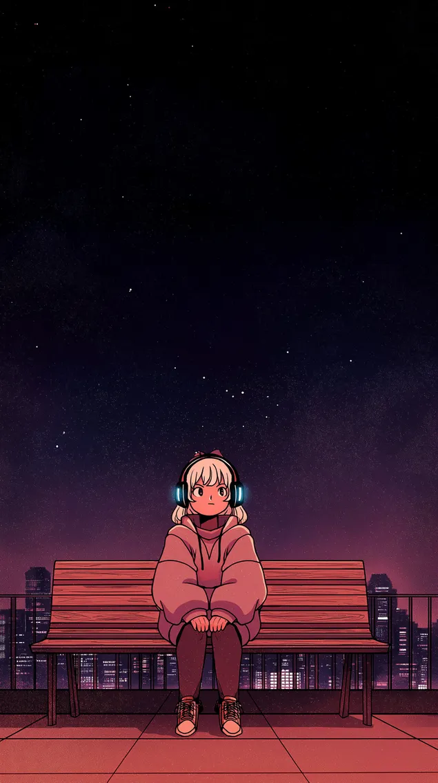 נערת אנימה עם אוזניות על גג בלילה HD טפט