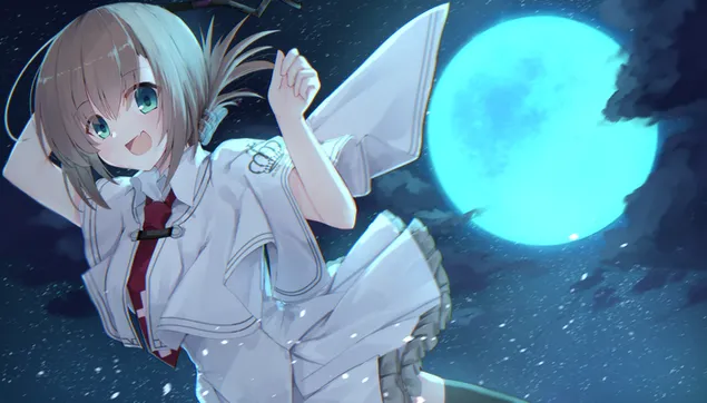 Cô gái trong anime với mái tóc nâu nhạt và chiếc váy trắng trong khung cảnh trăng tròn màu xanh