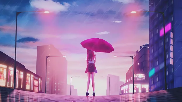 Anime pige med lyserød paraply på regnfuld gade 4K tapet