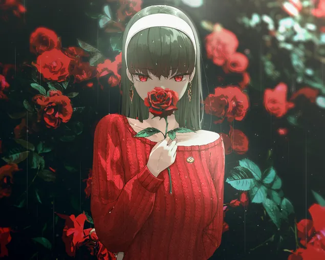 Anime-Mädchen mit weißer Haarnadel und roten Augen in rotem Kleid mit Rosenduft vor rotem Rosengarten