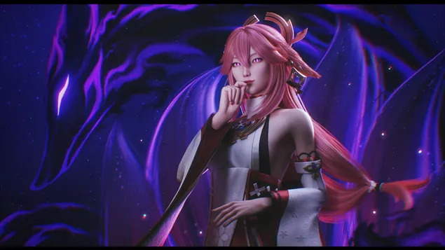 สาวอนิเมะ Yae Miko & เงามังกรข้างหลังเธอ | เก็นชิน อิมแพ็ค HD วอลเปเปอร์