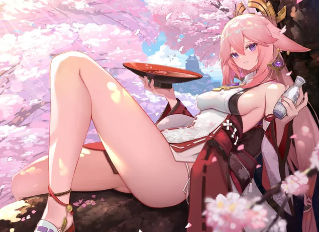 สาวการ์ตูน Yae Miko นั่งอยู่คนเดียวเหนือต้นซากุระ | เก็นชิน อิมแพ็ค 4K วอลเปเปอร์