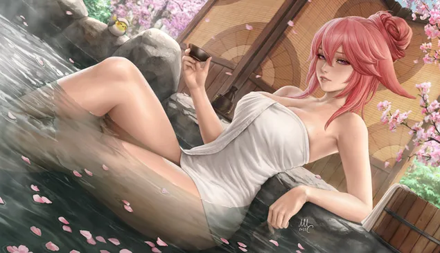 動漫女孩八重美子享受錢湯| 原神衝擊 2K 壁紙