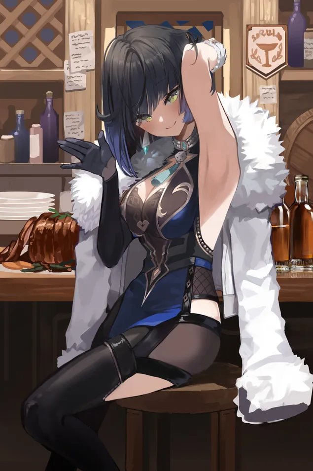 Anime girl Yelan at the bar | Genshin Impact 2K wallpaper