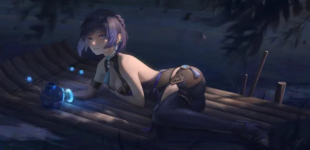 Anime-meisje Yelan rust op een bamboeschuur in de donkere nacht | Ganshin-effect download