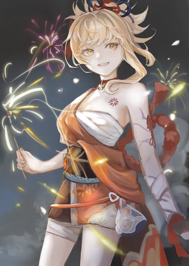 Tapeta Anime dívka Yoimiya malování s prskavkami | Genshinův dopad 2K