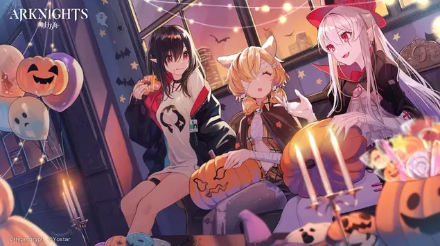 Аниме Гирлс Парти Халловеен 4K позадина