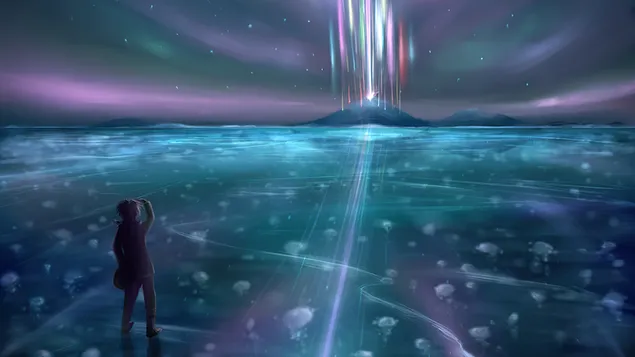 Pria anime melihat danau beku 4K wallpaper