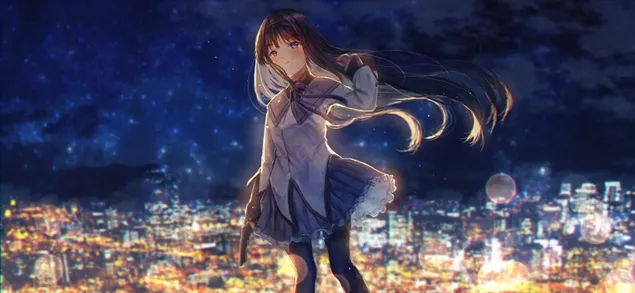 Beautiful anime girl with umbrella in full moon light 2K wallpaper download