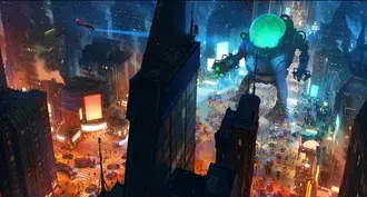 街の群衆の夜の明かりで建物の間の巨大なロボットのアニメ画像 2K 壁紙