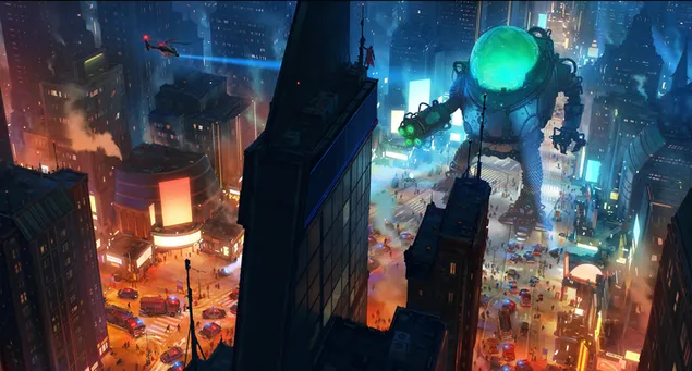 Anime image of giant robot between buildings at night lights in city crowd 2K wallpaper