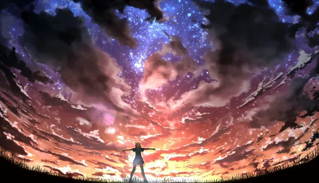 Anime in clouds and night starry landscape 2K wallpaper download