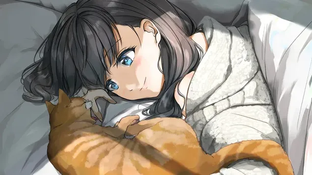Anime-Mädchen, das mit Katze im Bett liegt herunterladen