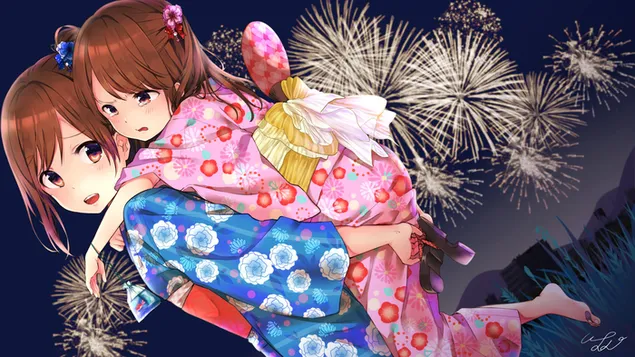 Anime-Mädchen haben Angst vor Feuerwerk
