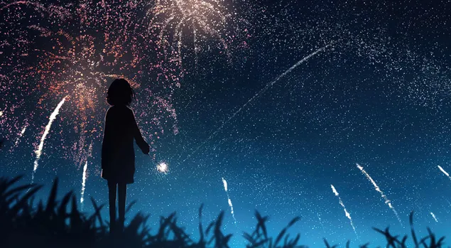 Anime meisje houdt vuurwerk in de nacht