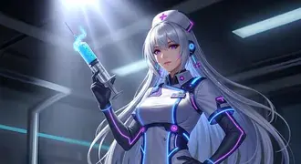 파란색 액체가 담긴 주사기를 들고 있는 애니메이션 간호사 4K 배경화면