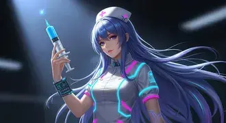 anime-medsestra so shpritsem v ruke pod svetom prozhektora vo vremya igry skachat'