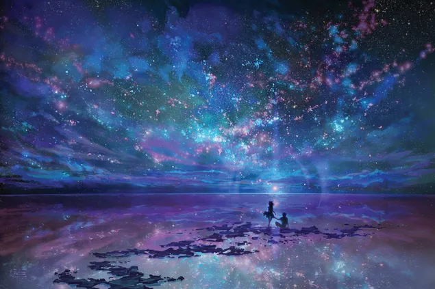 Anime-Paar, das einen erstaunlichen Himmel betrachtet herunterladen