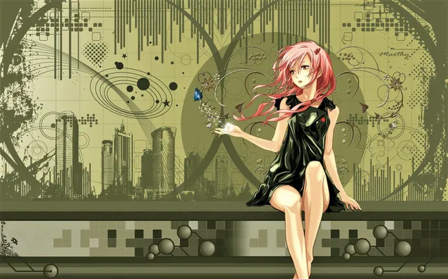 Anime cô gái tóc hồng mặc váy đen