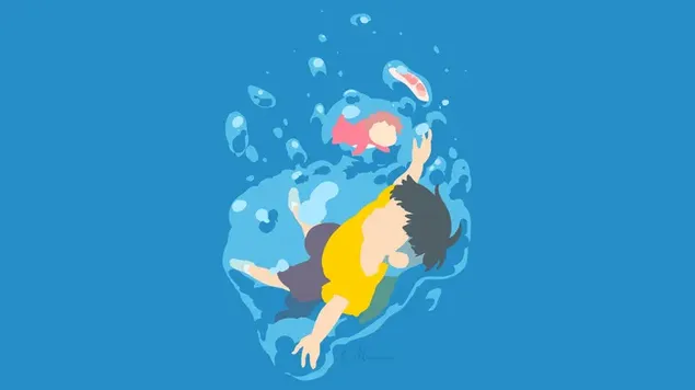 Anime - Ponyo as gold fish and Sasuke with a blue background minimalist download