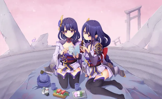 Páipéar balla Anime deirfiúracha Raiden picnik | Tionchar Ganshin2K