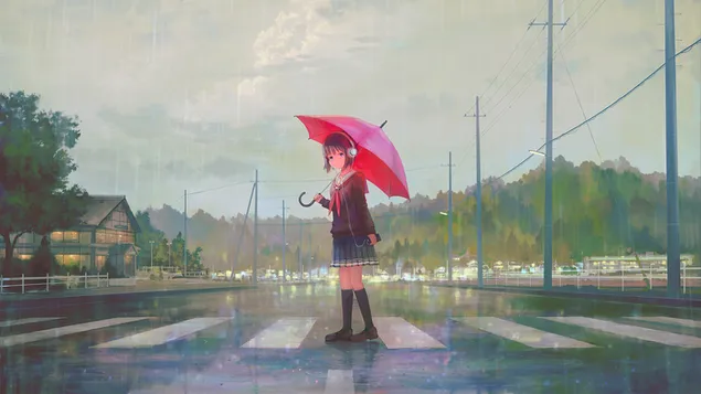 Anime School Girl Raining