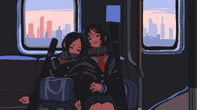 Anime Schulmädchen Reiten Zug 4K Hintergrundbild