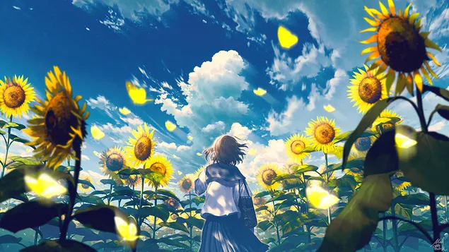 Hình nền Anime School Girl Sunflower Scenery 4K