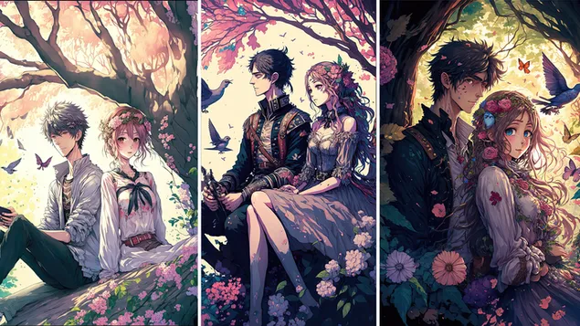 מקורי בסגנון אנימה של 3 זוגות מתקופות שונות שפשוט נהנים זה מחברתו של זה 4K טפט