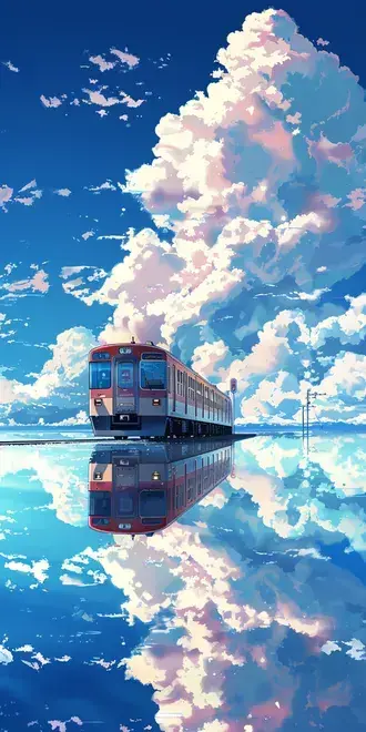 anime style train traveling on water reflection under blue sky and cumulus clouds download