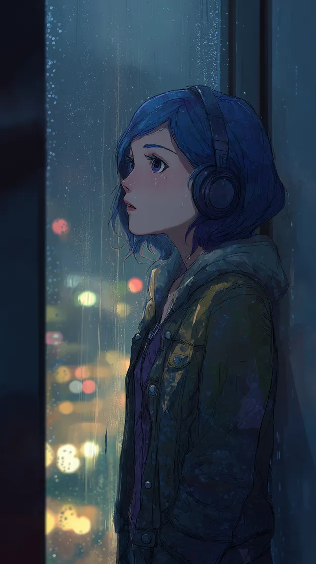 אנימה בסגנון אישה אוזניות גשם חלון עיר אור בוקה HD טפט