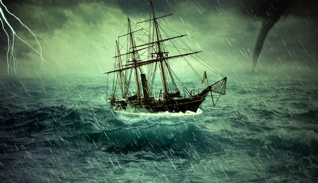 Anime-tekening van een houten zeilschip dat door de zee vaart door donkere wolken en regen